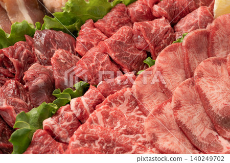 Close-up of a platter of beef for yakiniku (Japanese barbecue). Close-up of a platter of beef for yakiniku (Japanese barbecue). 140249702