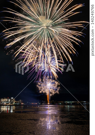 Beautiful large fireworks reflected on the lake surface and the glittering night view Beautiful large fireworks reflected on the lake surface and the glittering night view 140249766