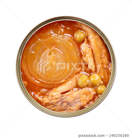 Canned tuna pieces in piquant sauce with vegetables in a tin can. Chunks of skipjack tuna, Katsuwonus pelamis, in a light tomato sauce, with an onion slice and green peas. Isolated, from above. Photo 140250160