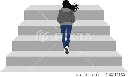 An illustration of a woman's back as she climbs a staircase. 140250180