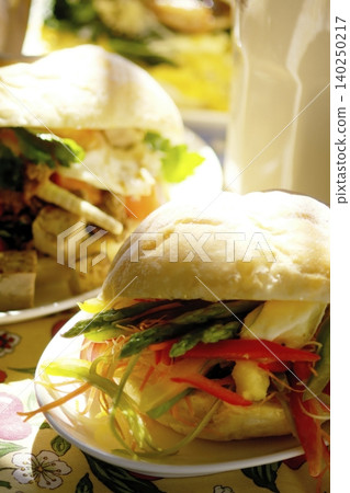 Asparagus and colorful vegetable sandwich Asparagus and colorful vegetable sandwich 140250217