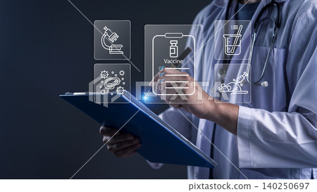 Doctor holding clipboard with virtual vaccine development icons. Medical research concept for clinical trials, immunology, and healthcare technology innovation in laboratory. Doctor holding clipboard with virtual vaccine development icons. Medical research concept for clinical trials, immunology, and healthcare technology innovation in laboratory. 140250697