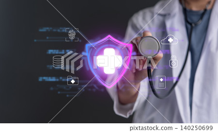 Doctor holding stethoscope touching neon virtual medical shield. Healthcare data security, patient privacy protection, and health insurance concept. Digital hospital technology and biometric access. Doctor holding stethoscope touching neon virtual medical shield. Healthcare data security, patient privacy protection, and health insurance concept. Digital hospital technology and biometric access. 140250699