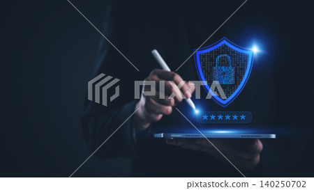 Businessman using tablet with cybersecurity shield and padlock icon. Data protection, network security, and user privacy concept. Secure login access and password verification technology with virtual Businessman using tablet with cybersecurity shield and padlock icon. Data protection, network security, and user privacy concept. Secure login access and password verification technology with virtual 140250702