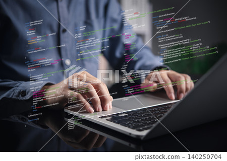 programmer typing on laptop with virtual code overlay. Software development, web design, and coding technology concept. IT engineer working on algorithm and programming script. programmer typing on laptop with virtual code overlay. Software development, web design, and coding technology concept. IT engineer working on algorithm and programming script. 140250704