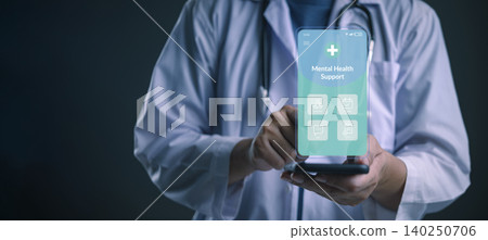 Doctor using smartphone with mental health support app interface. Telemedicine concept for online psychological counseling, therapy chat, and mindfulness meditation on a virtual holographic screen. Doctor using smartphone with mental health support app interface. Telemedicine concept for online psychological counseling, therapy chat, and mindfulness meditation on a virtual holographic screen. 140250706
