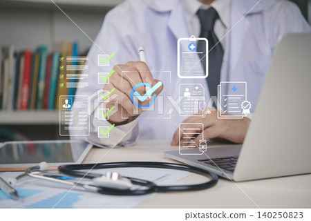 Doctor using digital checklist for patient medical records, symbolizing healthcare management, hospital system, electronic health record, medical documentation, and treatment planning. Doctor using digital checklist for patient medical records, symbolizing healthcare management, hospital system, electronic health record, medical documentation, and treatment planning. 140250823