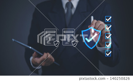 Businessman hand digital pen selecting checklist document shield icon secure compliance cybersecurity protection data management digital verification process business standard. Businessman hand digital pen selecting checklist document shield icon secure compliance cybersecurity protection data management digital verification process business standard. 140250826