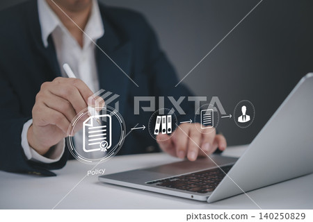 Businessman hands digital pen policy document workflow management laptop office compliance technology process data organization regulation system strategy innovation. 140250829