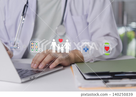 Doctor hand using laptop computer with family health insurance care. Medical wellness protection concept. Smart hospital service digital telemedicine online consultation life safety. Home Care Tech Doctor hand using laptop computer with family health insurance care. Medical wellness protection concept. Smart hospital service digital telemedicine online consultation life safety. Home Care Tech 140250839