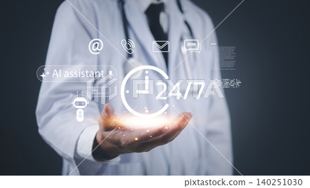 Doctor offering 24/7 AI assistant support with digital healthcare technology, medical chatbot, and online consultation service for patient care and innovation in telemedicine. Doctor offering 24/7 AI assistant support with digital healthcare technology, medical chatbot, and online consultation service for patient care and innovation in telemedicine. 140251030