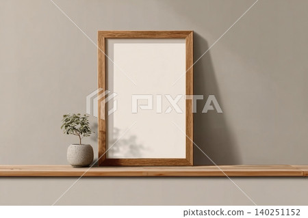 Wooden frame standing on table with blank canvas for graphic message. Minimalistic mockup presentation for picture or art display. Wooden frame standing on table with blank canvas for graphic message. Minimalistic mockup presentation for picture or art display. 140251152