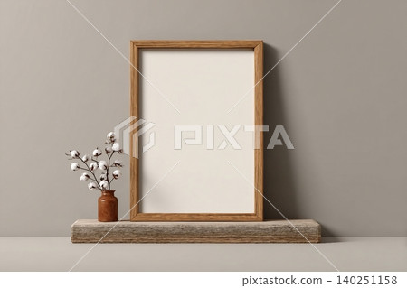 Wooden frame standing on table with blank canvas for graphic message. Minimalistic mockup presentation for picture or art display. Wooden frame standing on table with blank canvas for graphic message. Minimalistic mockup presentation for picture or art display. 140251158