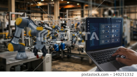 Industrial engineer monitoring smart industry control automation machine systems through a laptop interface in a modern manufacturing factory with robotic equipment and digital production monitoring. Industrial engineer monitoring smart industry control automation machine systems through a laptop interface in a modern manufacturing factory with robotic equipment and digital production monitoring. 140251332