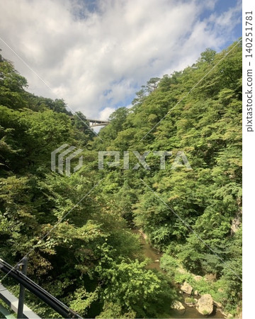 從JR陸上東線列車的車窗望出去，可以看到鳴子峽谷和禦深澤大橋鬱鬱蔥蔥的綠色植物。 140251781