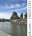 The keep of Matsumoto Castle, a national treasure, and the Northern Alps mountain range in the background, as seen across the inner moat. 140251783