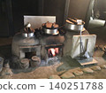 A reproduction of a traditional cultural property house, featuring a scene of a hearth with a fire burning. 140251788