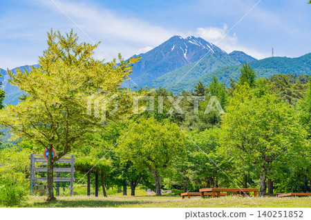 長野縣安曇野市，阿爾卑斯山脈安曇野國立公園：一個美麗的清澈池塘，倒映著鬱鬱蔥蔥的綠色植物和北阿爾卑斯山脈的景色。 140251852