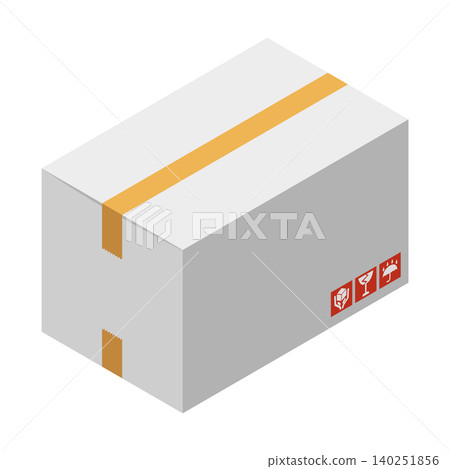 Isometric illustration of a white cardboard box with a care mark. Isometric illustration of a white cardboard box with a care mark. 140251856