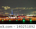The runway lights shining at night and the rear view of a passenger plane. 140251892