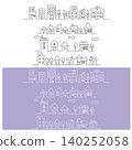 Simple line drawing set of houses, residential areas, streetscapes, and townscapes in black and white. 140252058