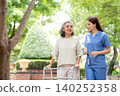 Asian female caregiver assistance senior patient with walker for physical rehabilitation and therapy 140252358
