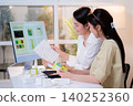 Two asian woman graphic designers analyzing product package prototype, reviewing paper sketch. 140252360