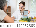 Asian nutritionist showing AI health analysis graph on tablet to senior patient. 140252365