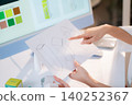 Two asian woman graphic designers analyzing product package prototype, reviewing paper sketch. 140252367