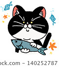 A calico cat holding a fish 140252787