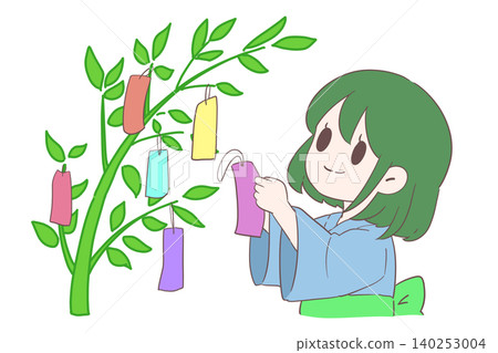 一位身穿浴衣的女孩正在裝飾七夕節（星節）。她有著棕色的頭髮，穿著綠色的浴衣。 140253004