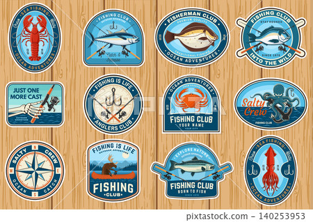 Vintage Fishing Sticker Bundle. Set of Retro Nautical Badges, Fishing Club Emblems, Vintage Fishing Sticker Bundle. Set of Retro Nautical Badges, Fishing Club Emblems, 140253953