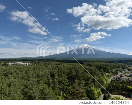 The lush greenery of Aokigahara Forest and the snow-capped Mount Fuji, under the blue sky of early summer. The lush greenery of Aokigahara Forest and the snow-capped Mount Fuji, under the blue sky of early summer. 140254894