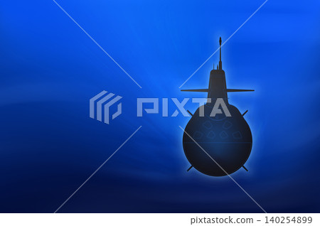 A frontal silhouette image of a state-of-the-art submarine silently navigating through the ocean, which features a gradient from blue to black. A frontal silhouette image of a state-of-the-art submarine silently navigating through the ocean, which features a gradient from blue to black. 140254899