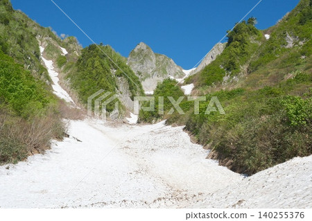 A mountain landscape in early summer featuring snowfields and rocky peaks enveloped in greenery. A mountain landscape in early summer featuring snowfields and rocky peaks enveloped in greenery. 140255376