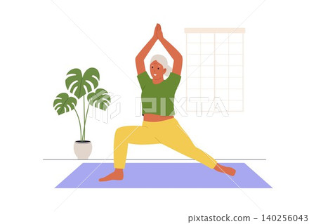 Illustration of Elderly Woman Practicing Warrior Yoga Pose Indoor Illustration of Elderly Woman Practicing Warrior Yoga Pose Indoor 140256043