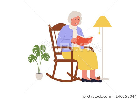 Illustration of Senior Woman Reading Book in Rocking Chair Illustration of Senior Woman Reading Book in Rocking Chair 140256044
