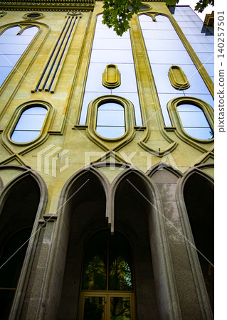 Neo Gothic Building Facade with Pointed Arches Neo Gothic Building Facade with Pointed Arches 140257501