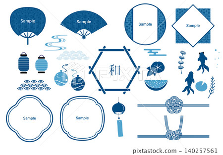 A Japanese-style frame set featuring Seigaiha waves and summer motifs, with a blue background and white background. A Japanese-style frame set featuring Seigaiha waves and summer motifs, with a blue background and white background. 140257561
