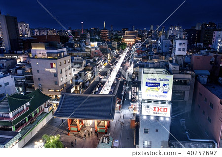 A panoramic night view of Senso-ji Temple in Asakusa, Tokyo. A panoramic night view of Senso-ji Temple in Asakusa, Tokyo. 140257697