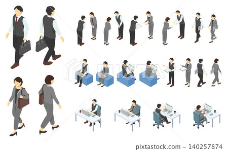 Isometric character illustration: Set of a man in a vest suit and a woman in a pantsuit (business scene) Isometric character illustration: Set of a man in a vest suit and a woman in a pantsuit (business scene) 140257874