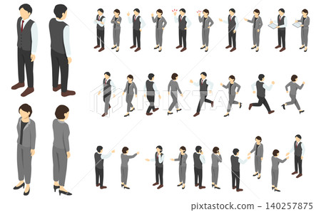 Isometric character illustration: Set of a man in a vest suit and a woman in a pantsuit (business scene) Isometric character illustration: Set of a man in a vest suit and a woman in a pantsuit (business scene) 140257875