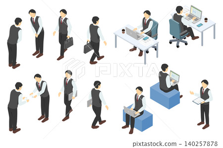 等距人物插畫:穿著馬甲和西裝的男士(商務場景) 等距人物插畫:穿著馬甲和西裝的男士(商務場景) 140257878