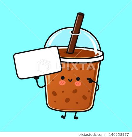 Iced coffee cup character holding sign Iced coffee cup character holding sign 140258377