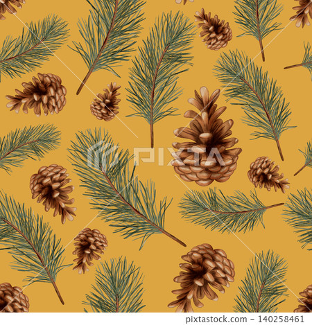 Cozy winter-themed seamless pattern with pine branches and cones. Autumn pattern. Watercolor. Autumn still life. Children's illustration. Suitable for books, packaging, cards, and children's clothing Cozy winter-themed seamless pattern with pine branches and cones. Autumn pattern. Watercolor. Autumn still life. Children's illustration. Suitable for books, packaging, cards, and children's clothing 140258461