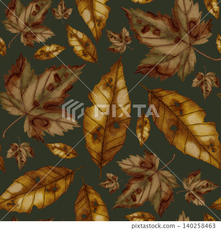 Hand-painted watercolor seamless pattern with fall leaves. Autumn pattern. Autumn still life. Children's illustration. Suitable for books, packaging, cards, and children's clothing Hand-painted watercolor seamless pattern with fall leaves. Autumn pattern. Autumn still life. Children's illustration. Suitable for books, packaging, cards, and children's clothing 140258463