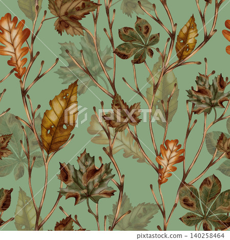 Hand-painted watercolor seamless pattern with fall leaves. Autumn pattern. Autumn still life. Children's illustration. Suitable for books, packaging, cards, and children's clothing Hand-painted watercolor seamless pattern with fall leaves. Autumn pattern. Autumn still life. Children's illustration. Suitable for books, packaging, cards, and children's clothing 140258464