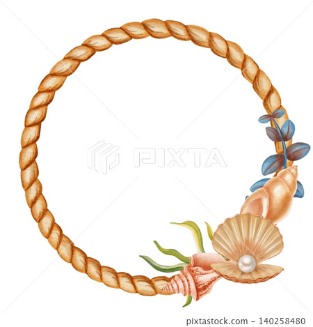Nautical watercolor rope frame decorated with starfish, seashells and seaweed. Children's, nautical, travel themes. Suitable for design, prints, postcards, sea travel Nautical watercolor rope frame decorated with starfish, seashells and seaweed. Children's, nautical, travel themes. Suitable for design, prints, postcards, sea travel 140258480
