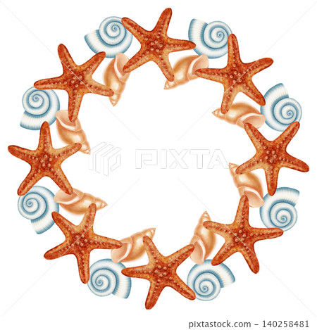 Watercolor marine wreath with starfish, various seashells. Round nautical frame for summer beach themes, invitations. Children's, nautical, travel themes. Suitable for design, postcards, sea travel Watercolor marine wreath with starfish, various seashells. Round nautical frame for summer beach themes, invitations. Children's, nautical, travel themes. Suitable for design, postcards, sea travel 140258481