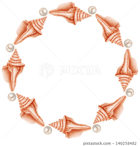 Watercolor wreath made of long spiral seashells. Round marine frame for nautical patterns and summer designs. Children's, nautical, travel themes. Suitable for design, prints, postcards, sea travel  140258482